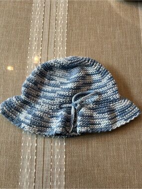 Hand-Crocheted Blue Stripe Bucket Sun Hat with Bow